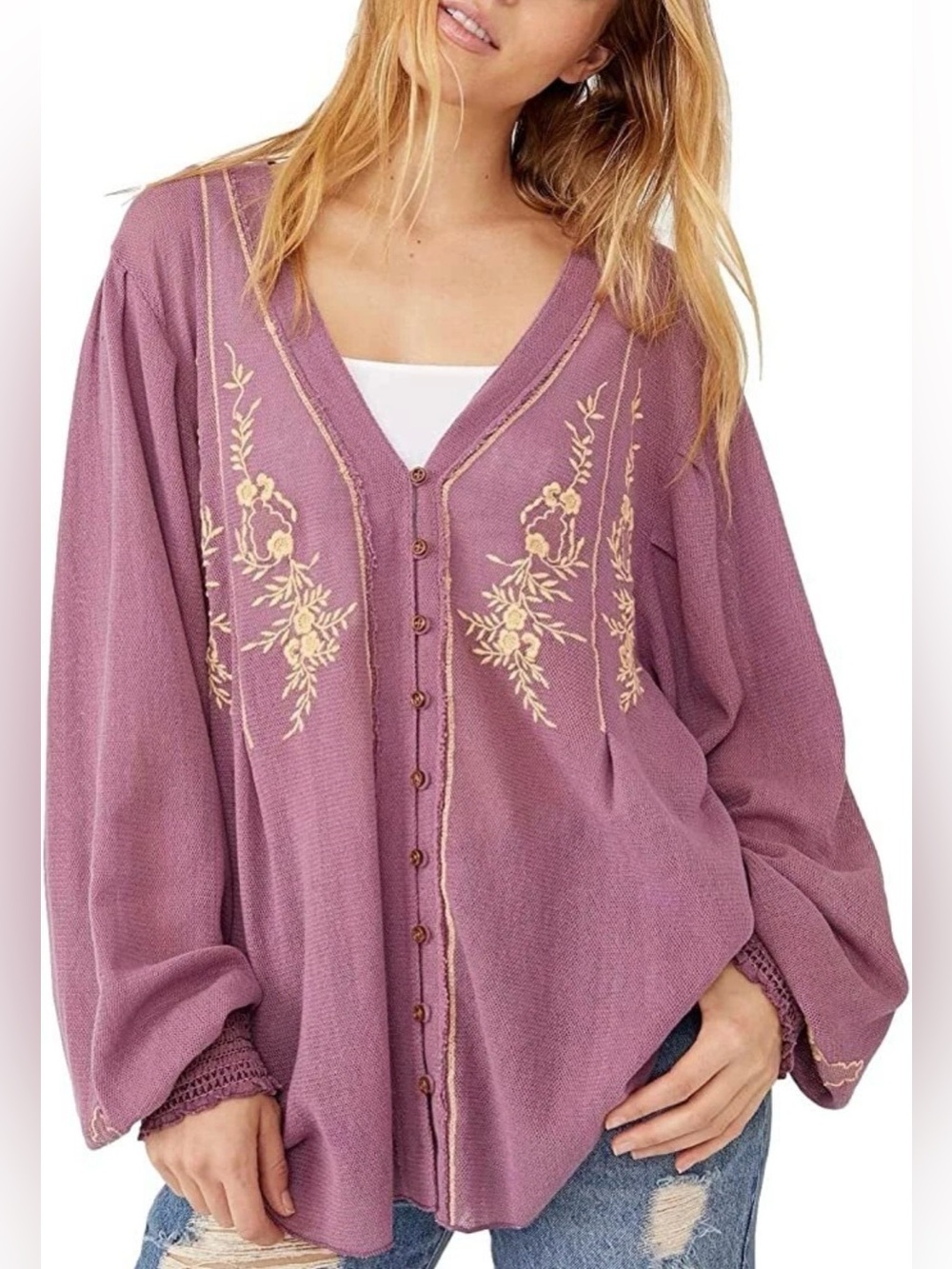 Free People Embroidered Knit Top Purple, size XS, like new!